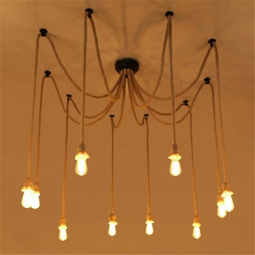 Vintage hemp rope spider chandelier with retro bulb - vue 2 sur 6
