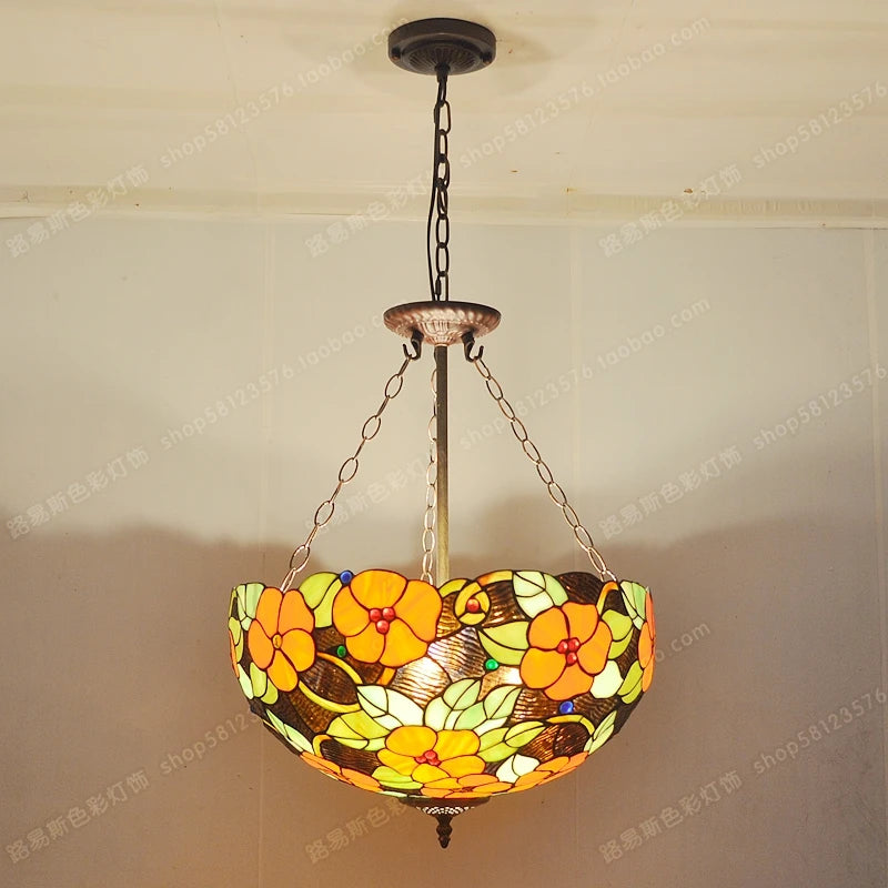lustre de style anti-européen avec fleurs riches en verre tiffany - vue 5 sur 5