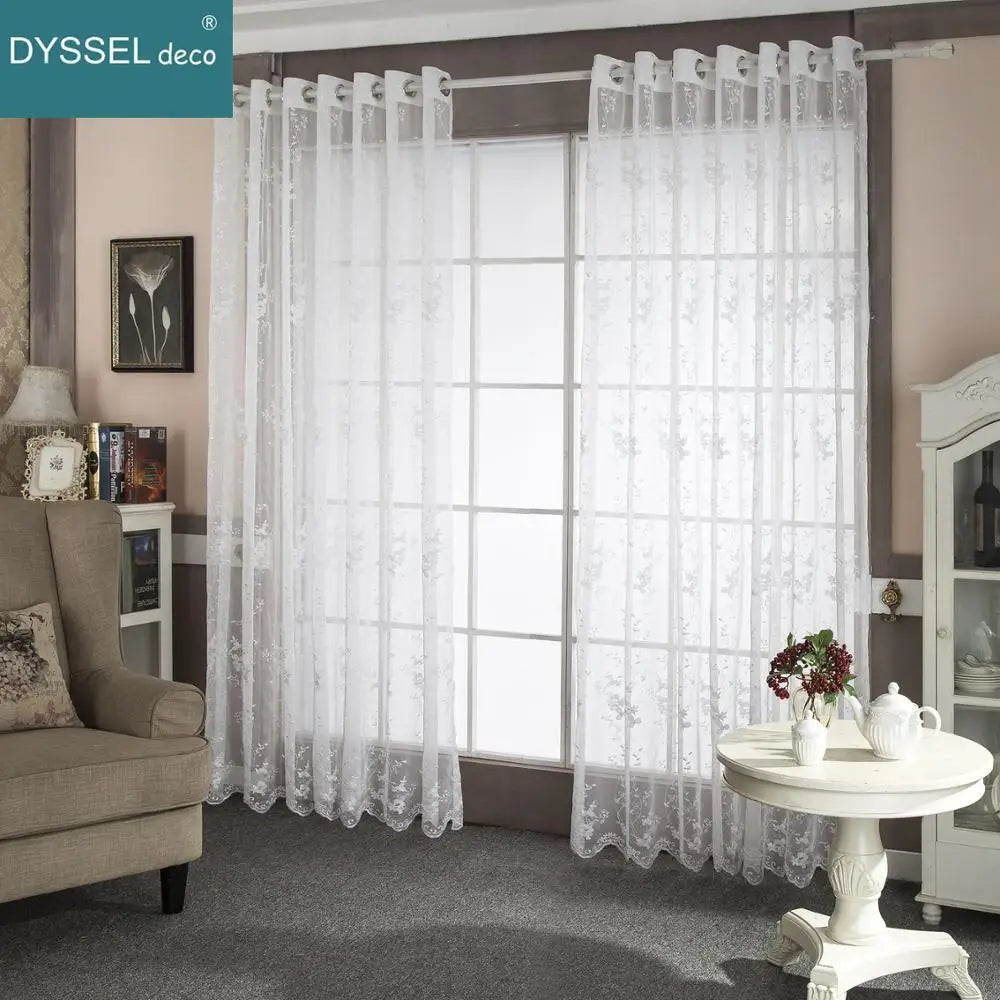 Rideau transparent broderie florale feston style europeen salon - vue 3 sur 8