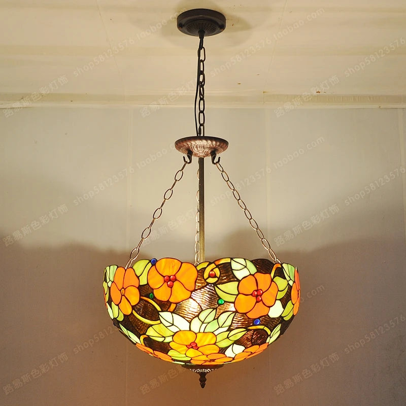 lustre de style anti-européen avec fleurs riches en verre tiffany - vue 3 sur 5