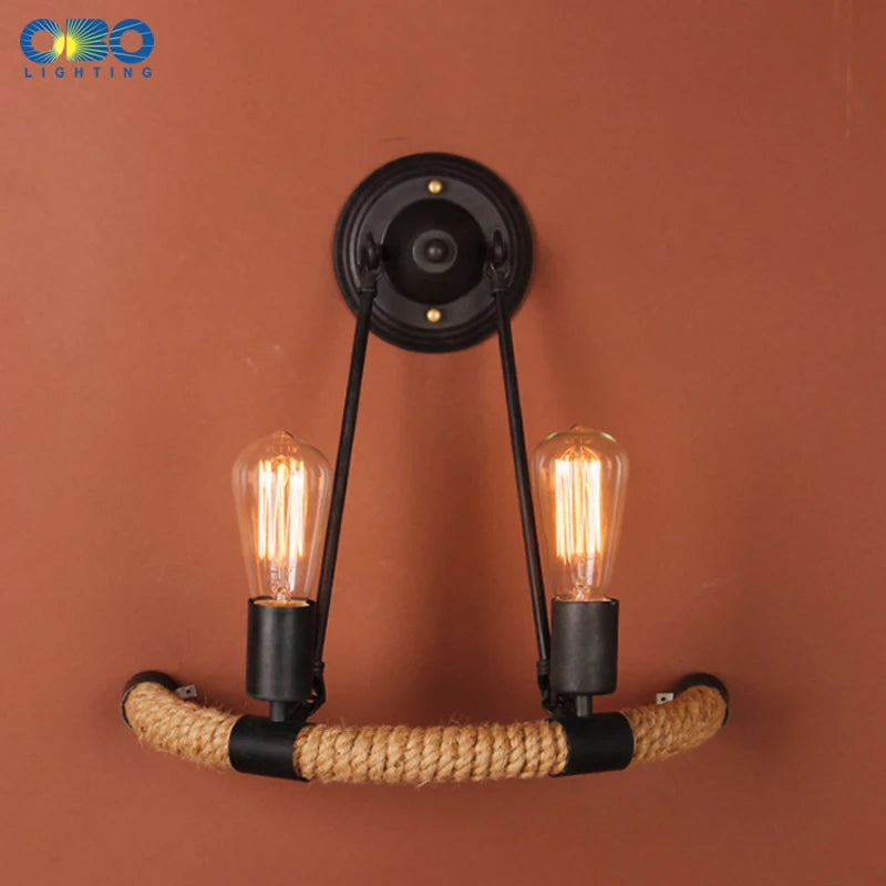 Vintage hemp rope and iron double head wall light - vue 3 sur 6