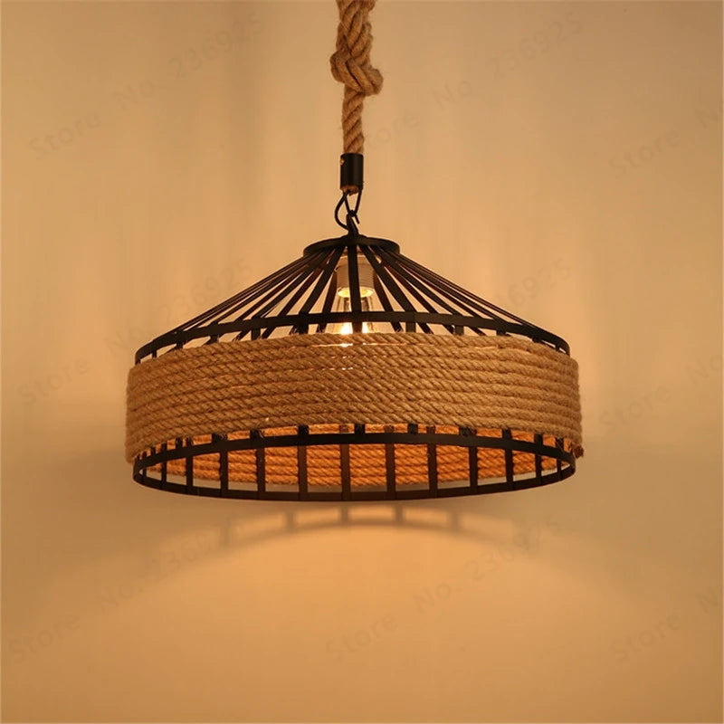 Vintage metal and hemp rope pendant lamp for bar and restaurant - vue 3 sur 6