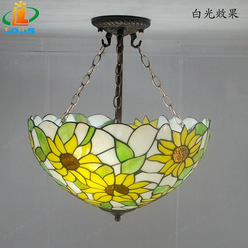 40CM Sunflower Yellow Glass Tiffanylamps Anti Chandeliers Bedroom, Living Room Lamps US French Bar Entrance Lighting - vue 2 sur 5