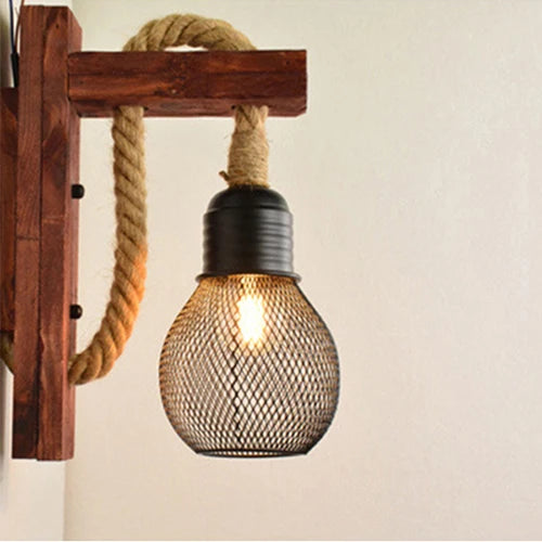 Vintage industrial LED wooden and rope wall light - vue 12 sur 12