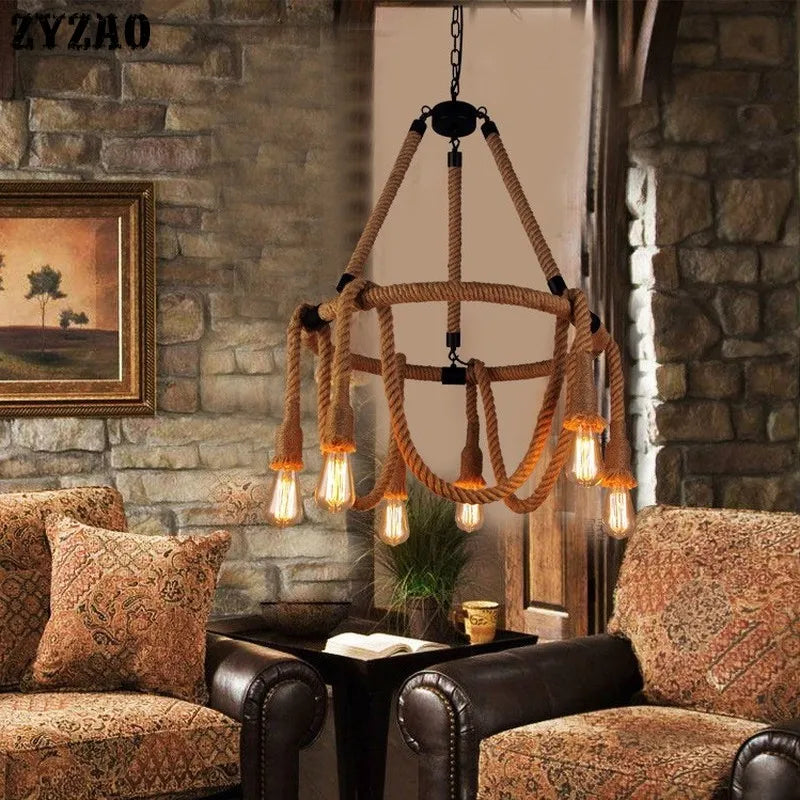 Vintage industrial style hemp rope pendant light - vue 4 sur 7