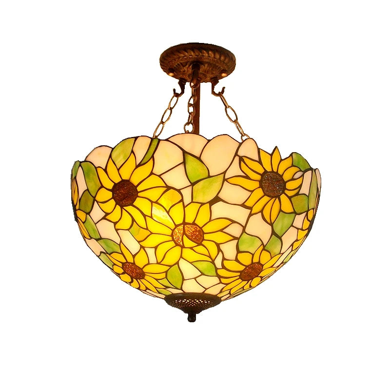 40CM Sunflower Yellow Glass Tiffanylamps Anti Chandeliers Bedroom, Living Room Lamps US French Bar Entrance Lighting - vue 5 sur 5