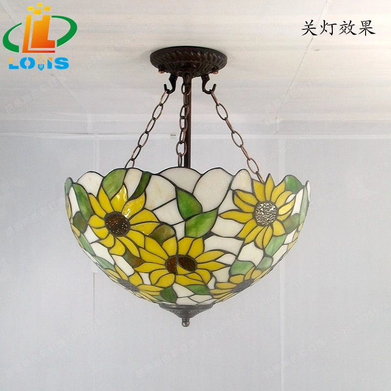 40CM Sunflower Yellow Glass Tiffanylamps Anti Chandeliers Bedroom, Living Room Lamps US French Bar Entrance Lighting - vue 4 sur 5