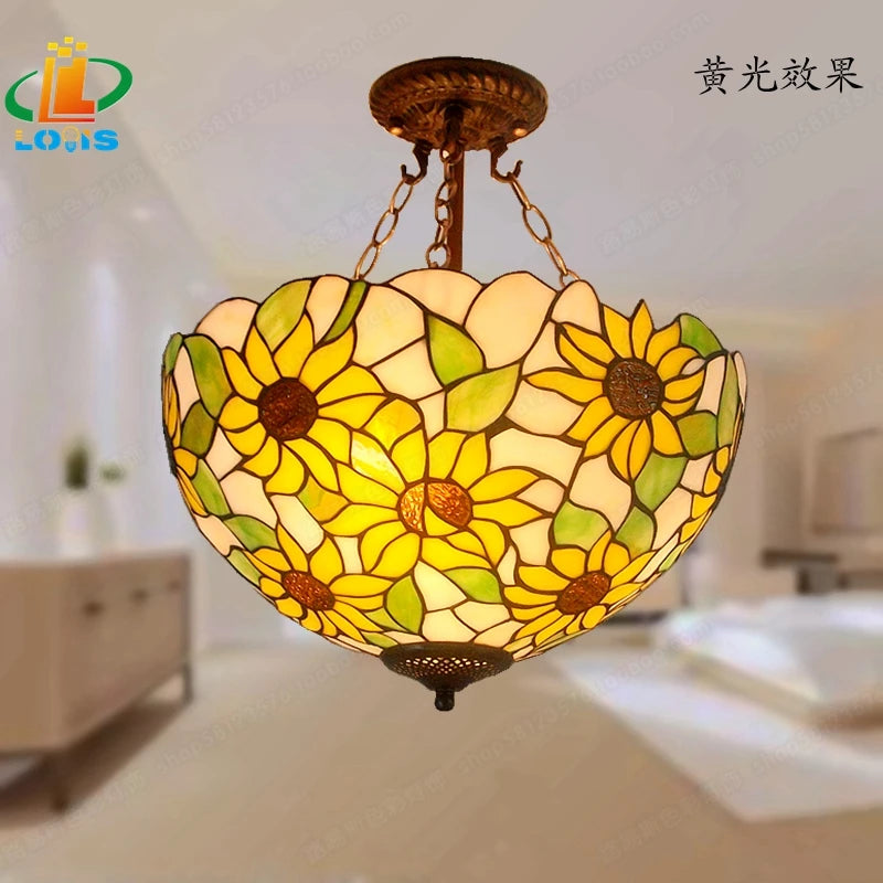 40CM Sunflower Yellow Glass Tiffanylamps Anti Chandeliers Bedroom, Living Room Lamps US French Bar Entrance Lighting - vue 3 sur 5