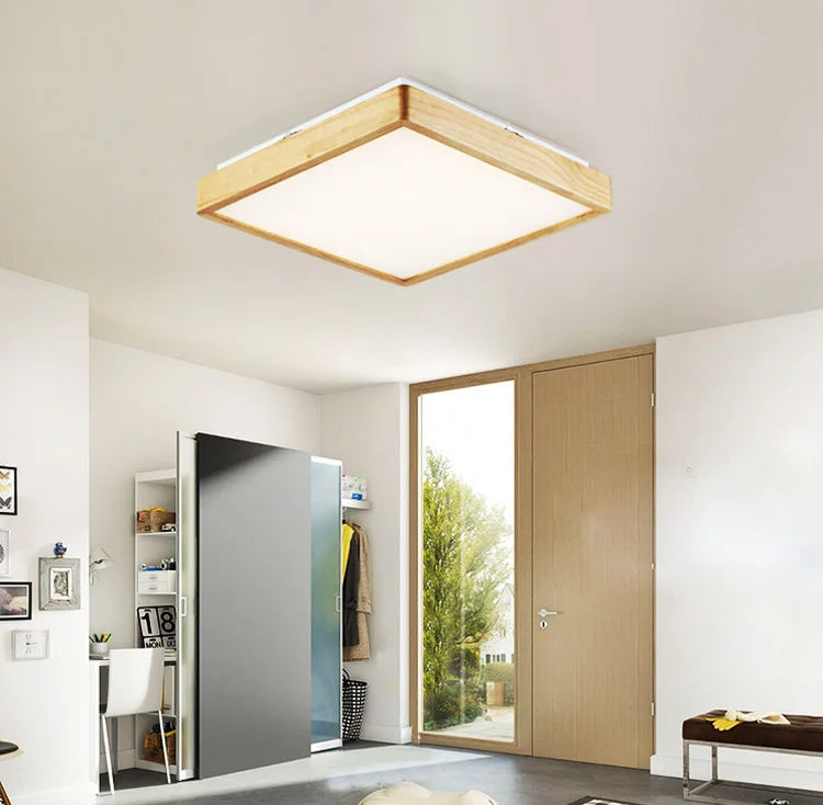 plafonnier led carré en bois grain de bois style nordique - vue 3 sur 6