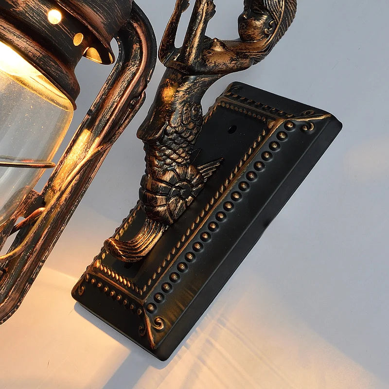 Retro Barn Lantern European Kerosene Wall Lamp Bedroom Bedside wall Lights,Wrought Iron glass Shade Restaurant Bar Aisle Sconce - vue 6 sur 9