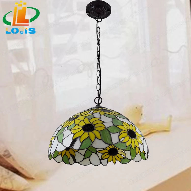 lustre en verre tiffany avec tournesols pour éclairage tendance - vue 4 sur 6