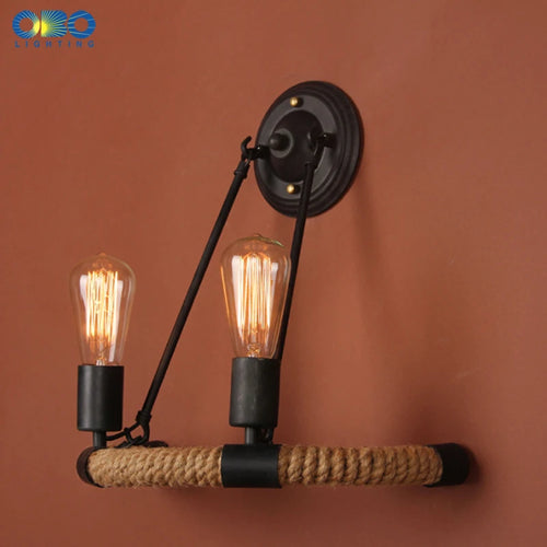 Vintage hemp rope and iron double head wall light - vue 4 sur 6