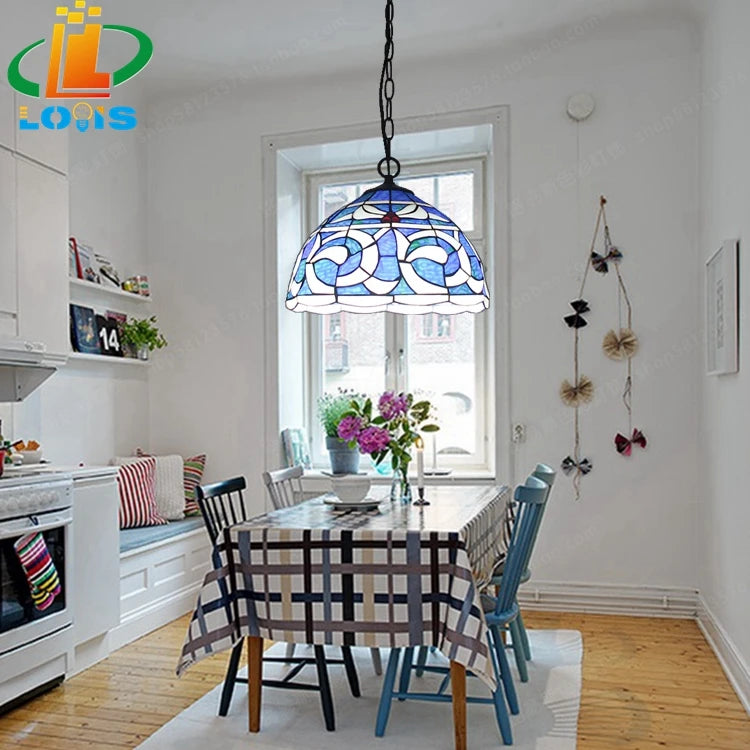 lustre en kapok pour restaurant méditerranéen avec éclairage en verre tiffany - vue 4 sur 6