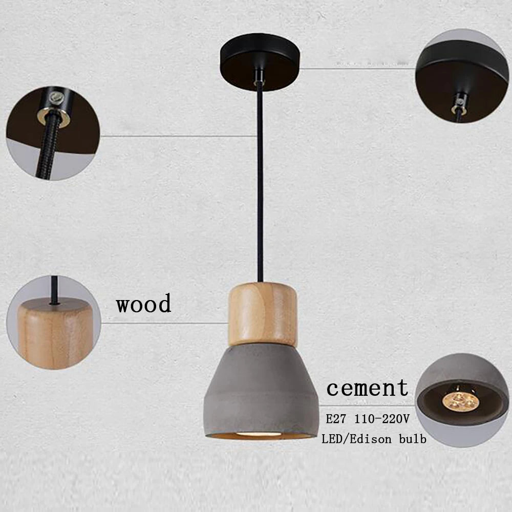 4 colour nordic loft style E27 wood and cement pendant light for living room, restaurant, cafe or bedroom – modern colourful ceiling lamp - vue 3 sur 10