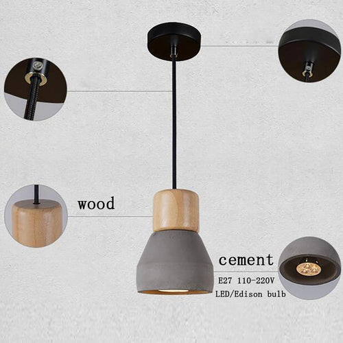 4 colour nordic loft style E27 wood and cement pendant light for living room, restaurant, cafe or bedroom – modern colourful ceiling lamp - vue 4 sur 10
