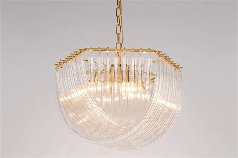 lustre suspendu en tube de verre courbé en métal doré moderne - vue 7 sur 6