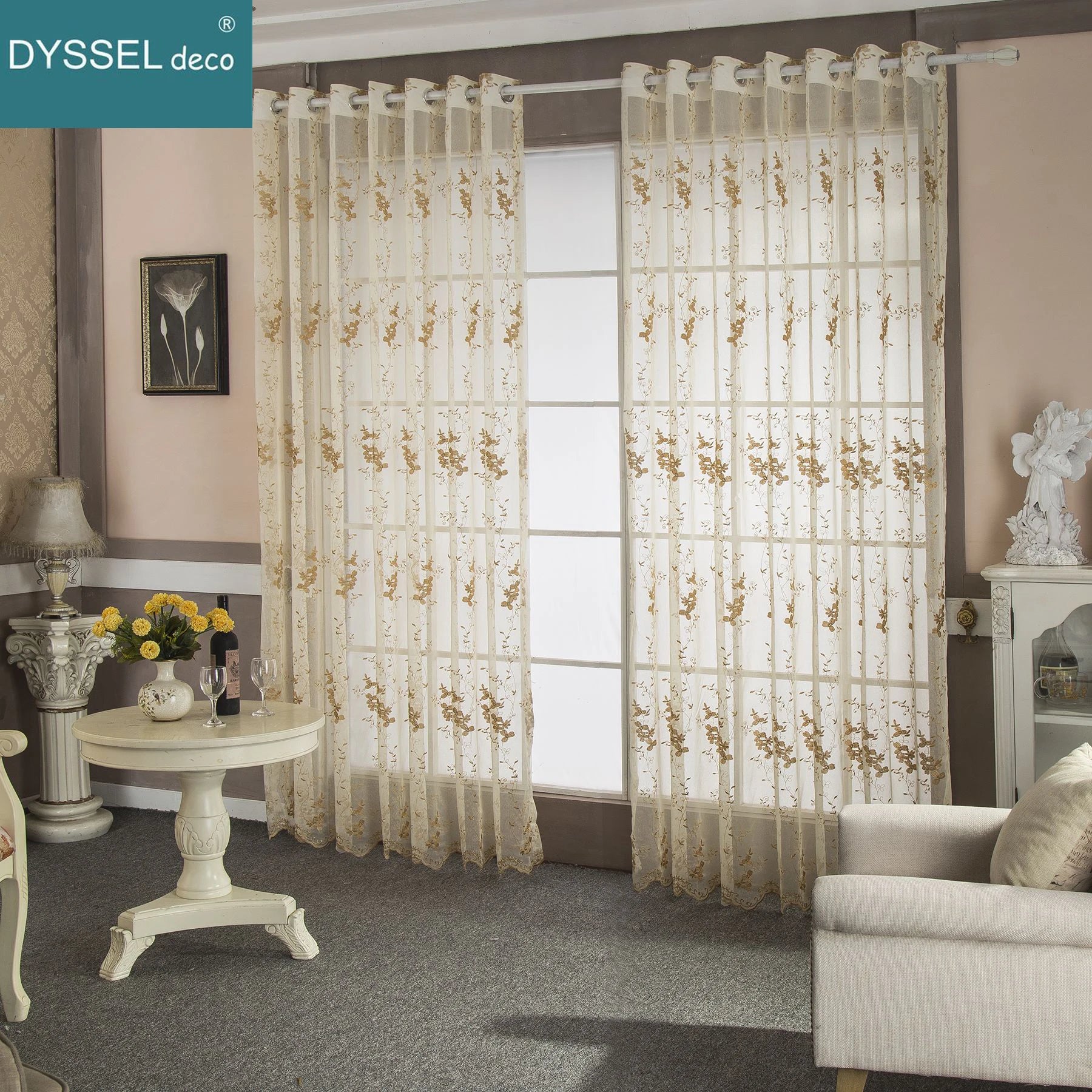 Rideau transparent broderie florale feston style europeen salon - vue 4 sur 8