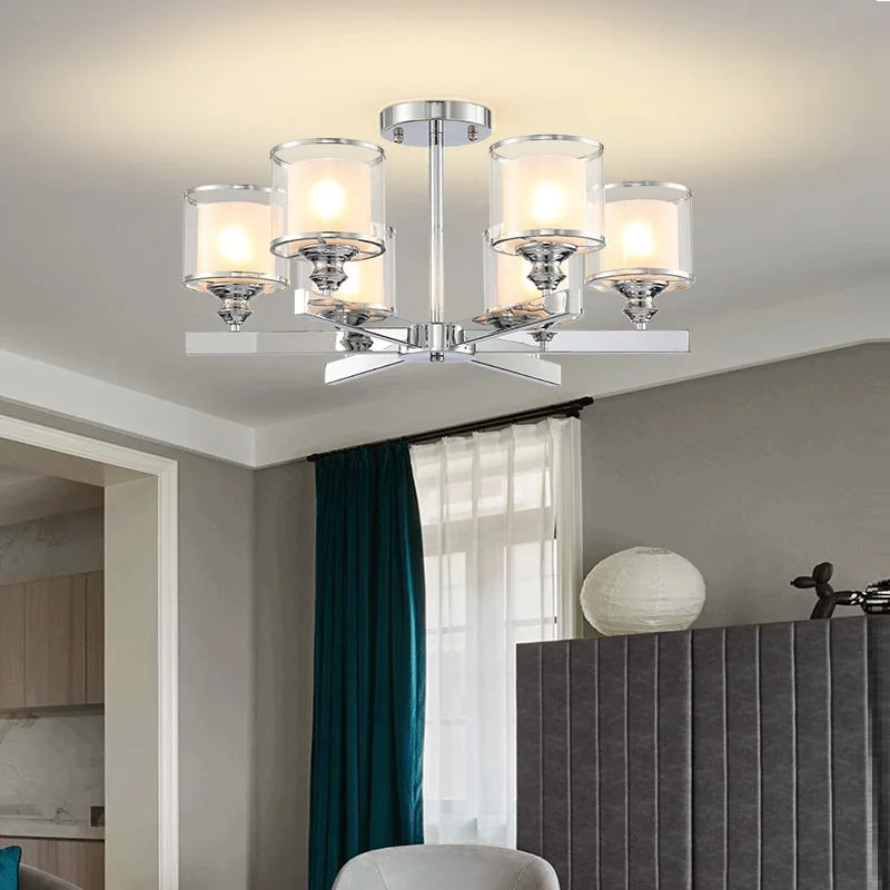 lustre moderne led cristal métal chromé double abat-jour verre