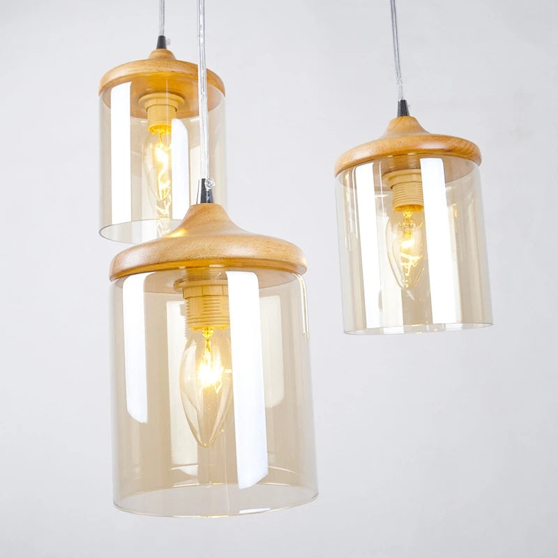gzmj abat-jour simple en verre bois luminaire suspendu - vue 4 sur 8