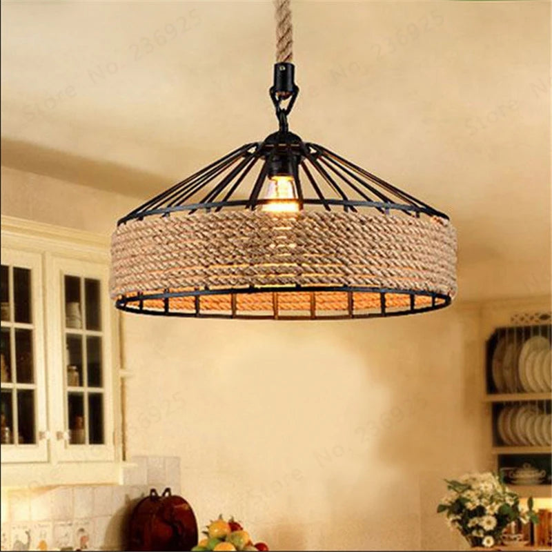 Vintage metal and hemp rope pendant lamp for bar and restaurant - vue 4 sur 6