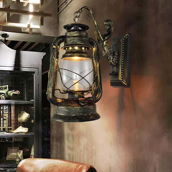 Retro Barn Lantern European Kerosene Wall Lamp Bedroom Bedside wall Lights,Wrought Iron glass Shade Restaurant Bar Aisle Sconce - vue 8 sur 9
