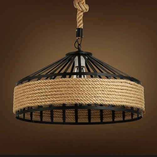Vintage metal and hemp rope pendant lamp for bar and restaurant - vue 5 sur 6
