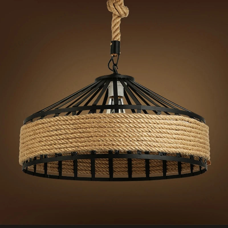 Vintage metal and hemp rope pendant lamp for bar and restaurant - vue 5 sur 6