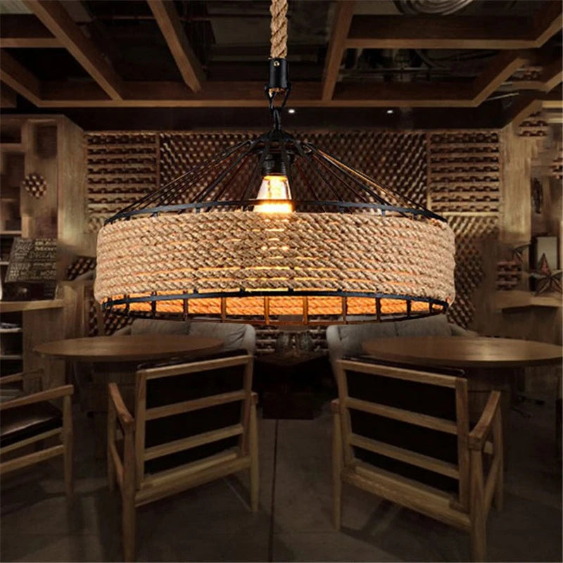 Vintage metal and hemp rope pendant lamp for bar and restaurant - vue 6 sur 6