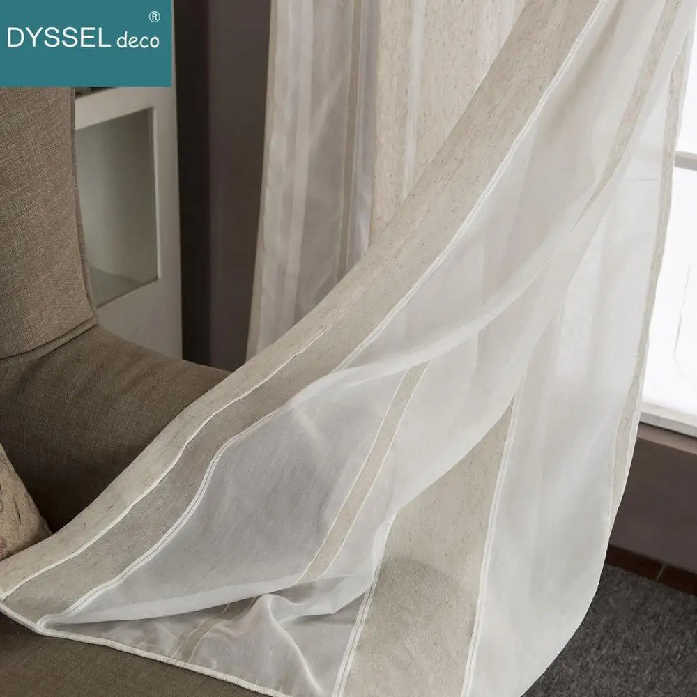 Rideau lin rayé style naturel plis plats moderne - vue 7 sur 7