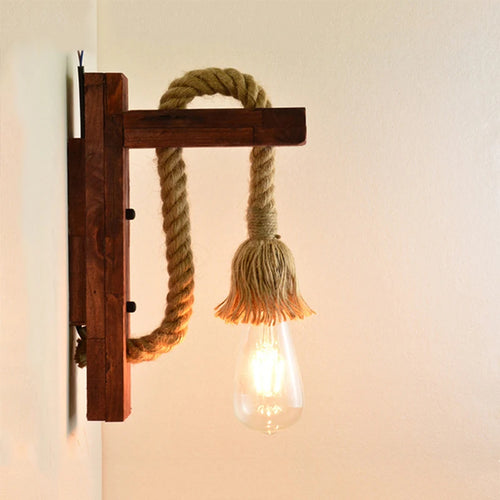 Vintage industrial LED wooden and rope wall light