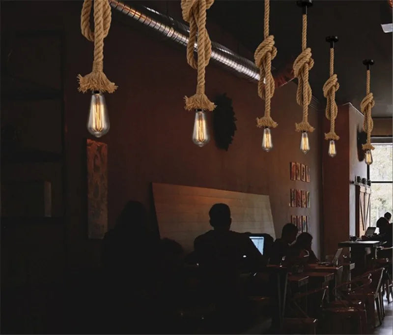 Vintage hemp rope spider chandelier with retro bulb - vue 6 sur 6