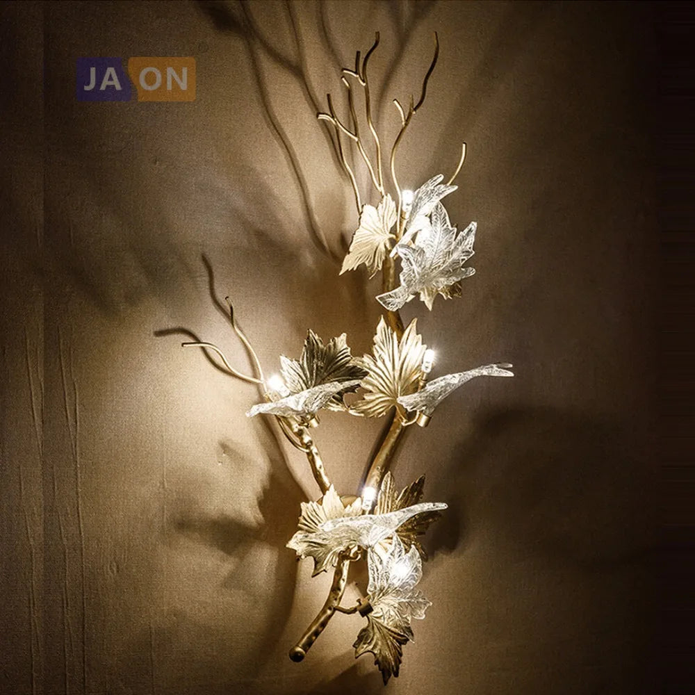 lampe led g4 moderne en cuivre et verre avec feuilles d'érable - vue 5 sur 6
