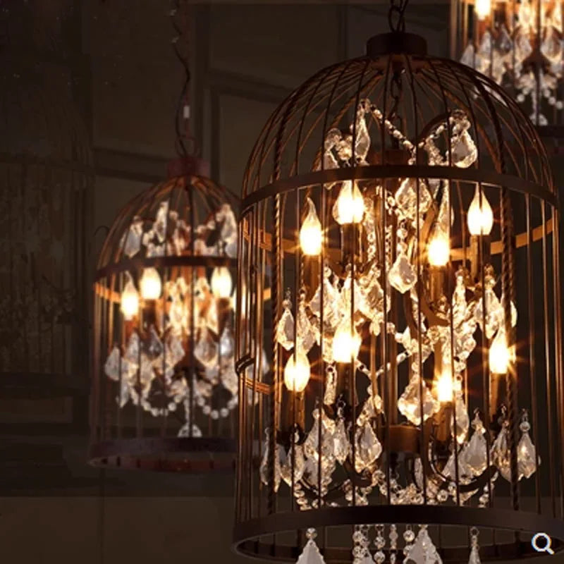 lustre vintage américain en fer avec cage à oiseaux et cristaux - vue 5 sur 6
