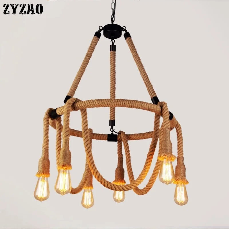 Vintage industrial style hemp rope pendant light - vue 3 sur 7