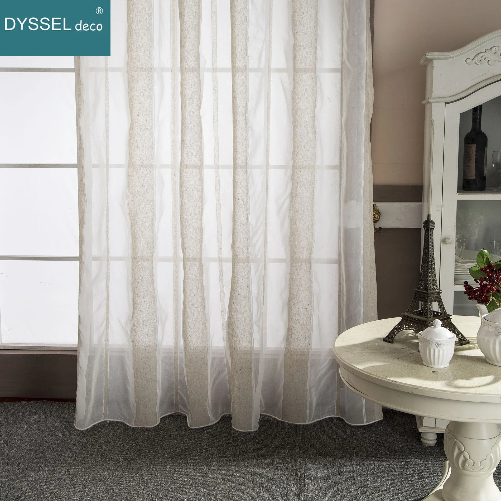 Rideau lin rayé style naturel plis plats moderne - vue 4 sur 7