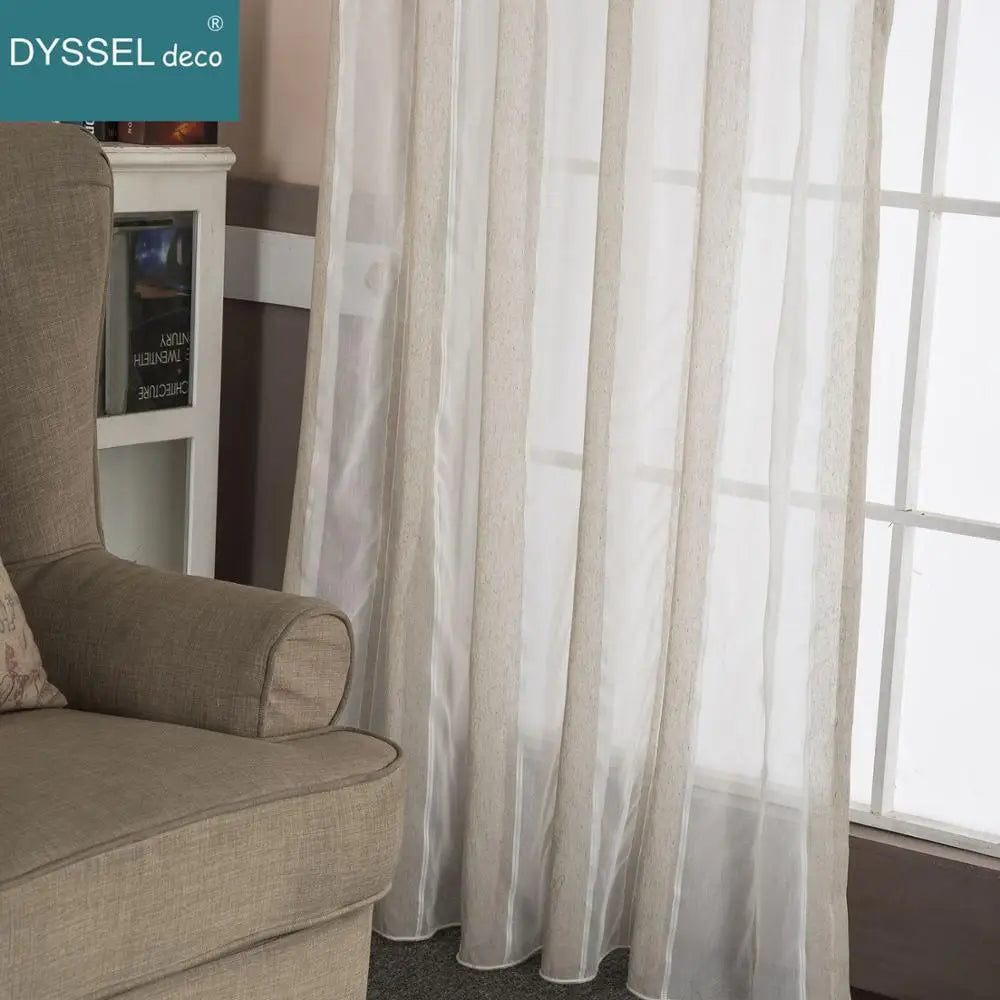 Rideau lin rayé style naturel plis plats moderne - vue 5 sur 7