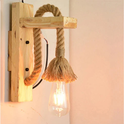 Vintage industrial LED wooden and rope wall light - vue 9 sur 12