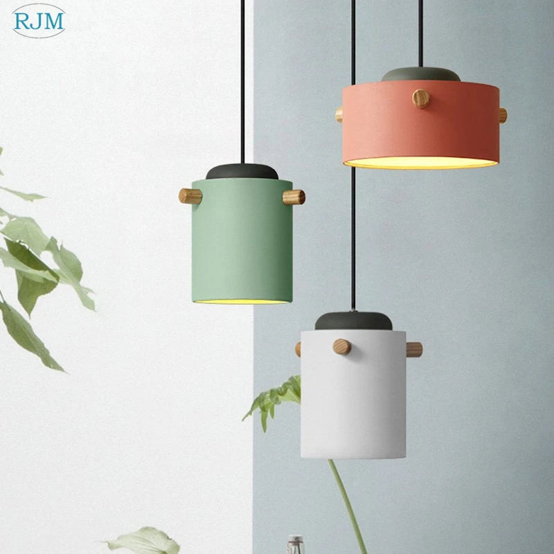 lampe suspendue nordique créative macarons led bois - vue 4 sur 18