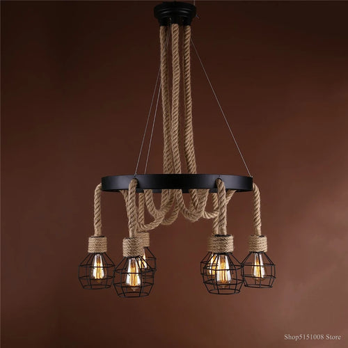 Vintage hemp rope pendant light for restaurant, café and bar - vue 4 sur 8