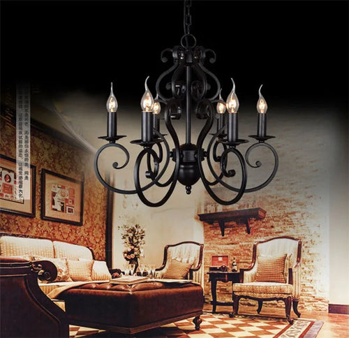 lustre vintage en fer forgé noir pour éclairage intérieur - vue 5 sur 6