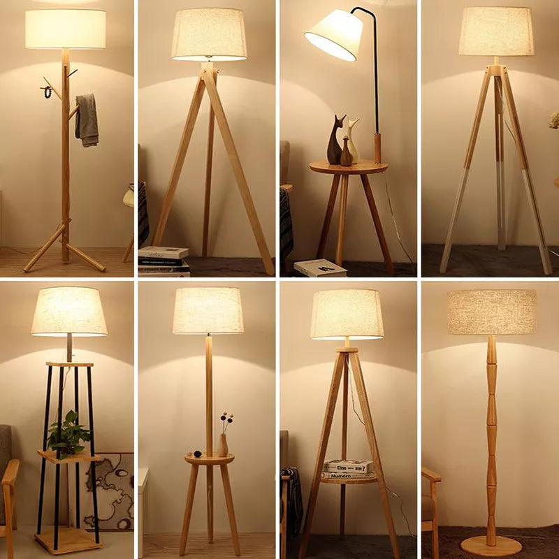 Lampadaire Nordique bois sur pied tissu interrupteur
