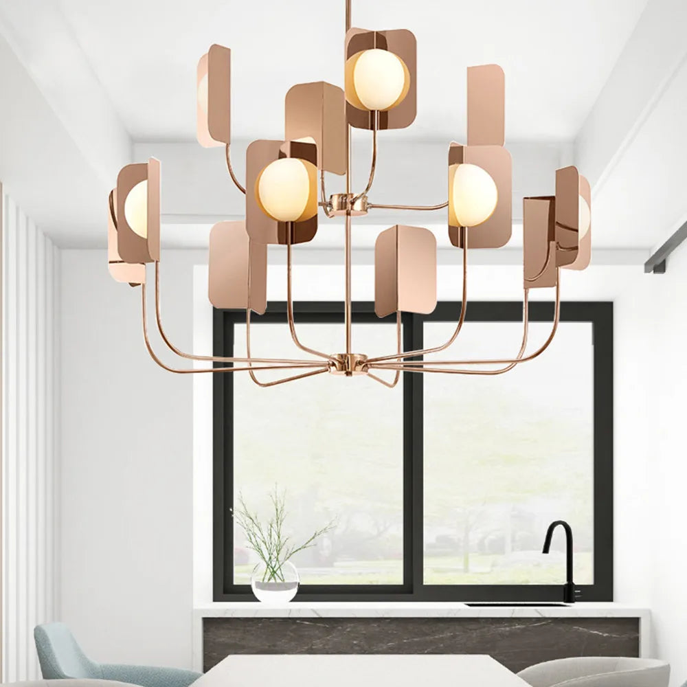 lustre en métal avec feuilles éclairage en verre laiteux design luxueux - vue 2 sur 10
