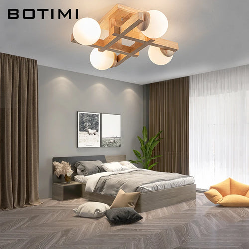 Plafonniers en bois avec abat-jour en verre pour salon moderne monté en Surface Lustres en bois carrés chambre à coucher Luminaire - vue 5 sur 9