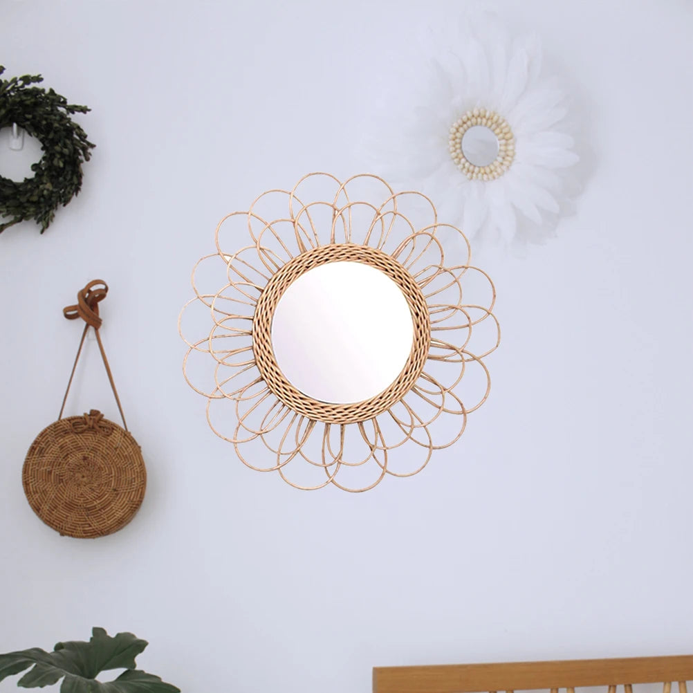 miroir suspendu en rotin motif tournesol décoratif boho - vue 4 sur 6