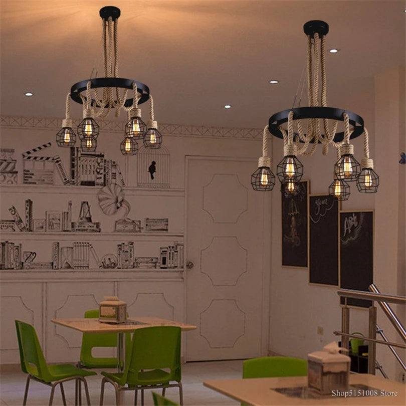 Vintage hemp rope pendant light for restaurant, café and bar - vue 4 sur 8
