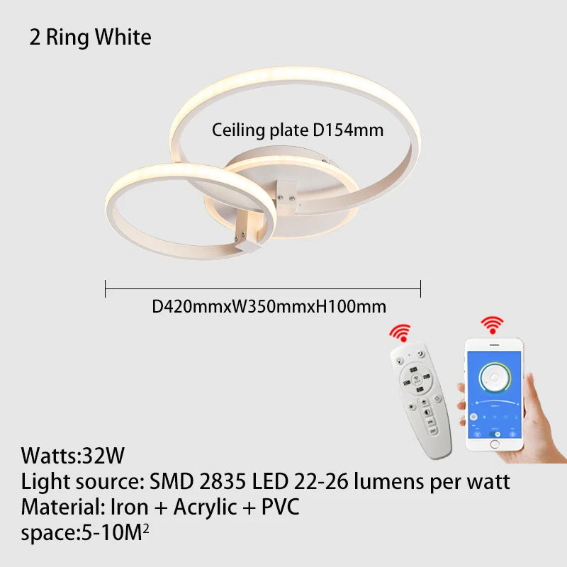 Lustre Led moderne anneau Led plafonniers salon chambre lumières plafond noir/blanc 1-5 anneau d'éclairage APP/lustre à distance - vue 9 sur 16