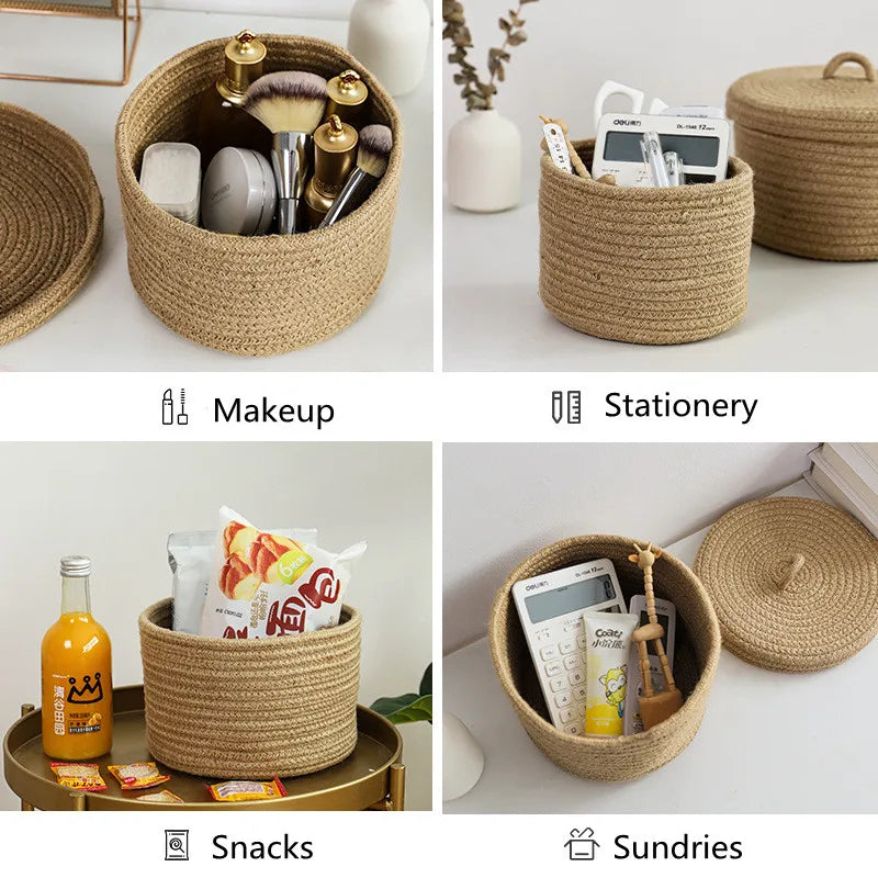 Cosmetics Storage Box, Jute Woven Basket, Tabletop Key, Remote Control Container, Snack Case with Cover Organizer, ECO Friendly - vue 6 sur 11