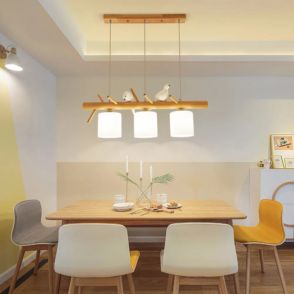 lustre en bois nordique avec éclairage en verre oiseaux 2 ou 3 têtes - vue 4 sur 8