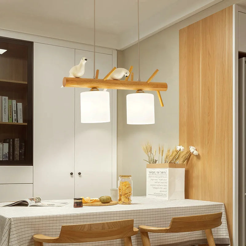 lustre en bois nordique avec éclairage en verre oiseaux 2 ou 3 têtes - vue 3 sur 8