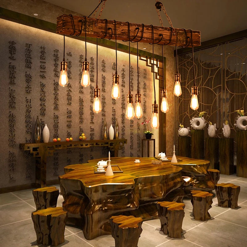lustre vintage loft en bois avec suspension LED - vue 8 sur 28